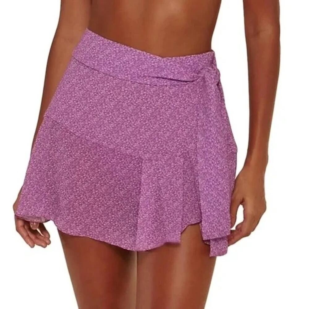 NWT VIX Paula Hermanny Skirt S Purple Lilac Geo-Dots Pleated Tie Bow Mini Brazil
